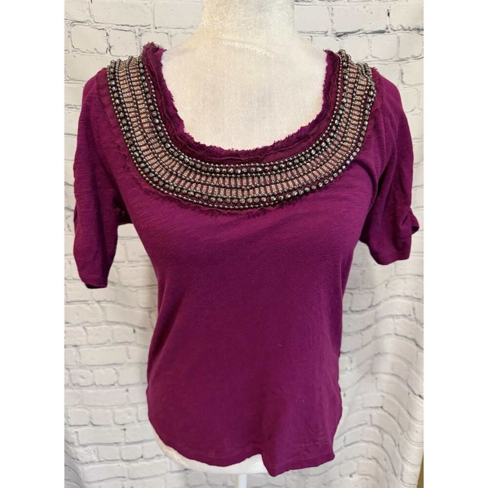 Anthropologie Deletta Beaded T-shirt Size Medium Purple Blouse Scoop